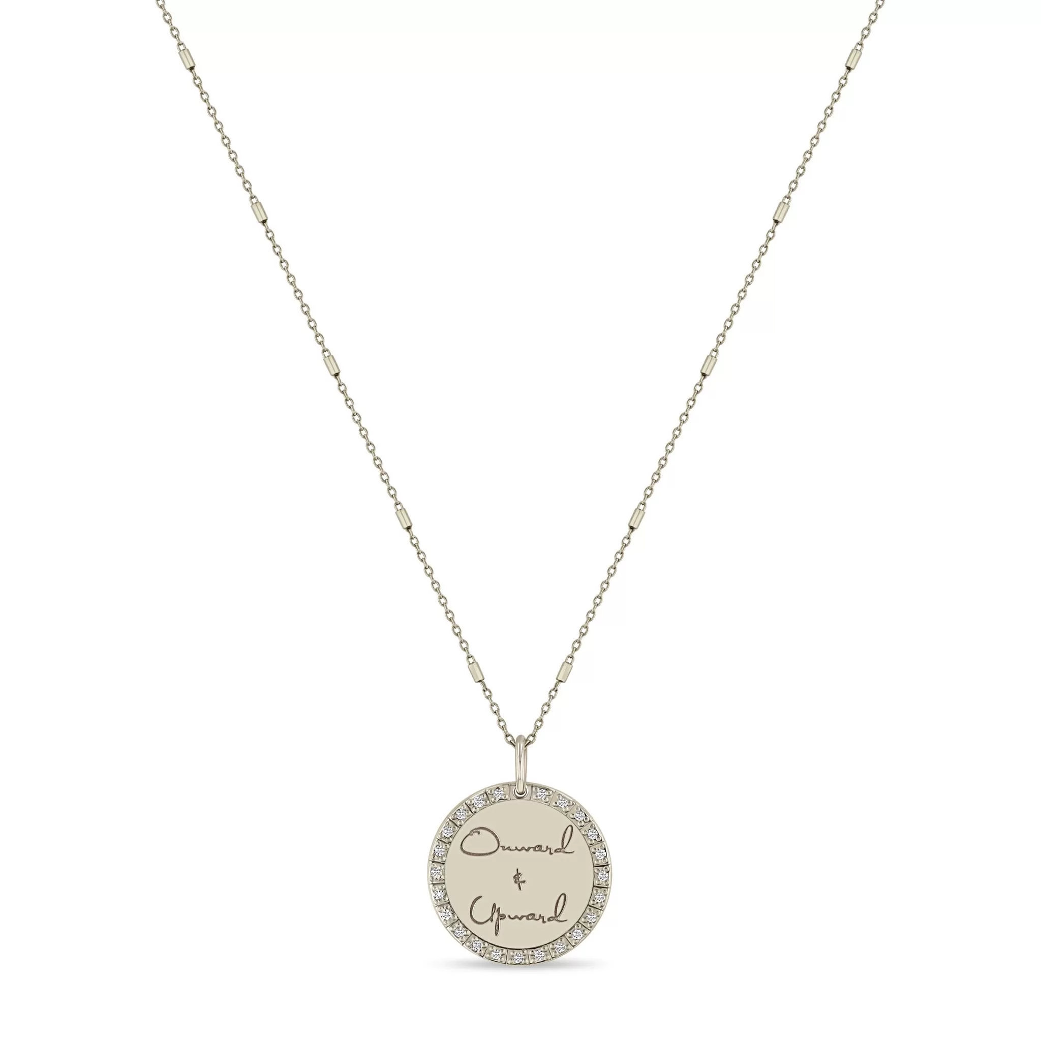 14k Small Mantra Diamond Border Necklace on Tiny Bar & Cable Chain