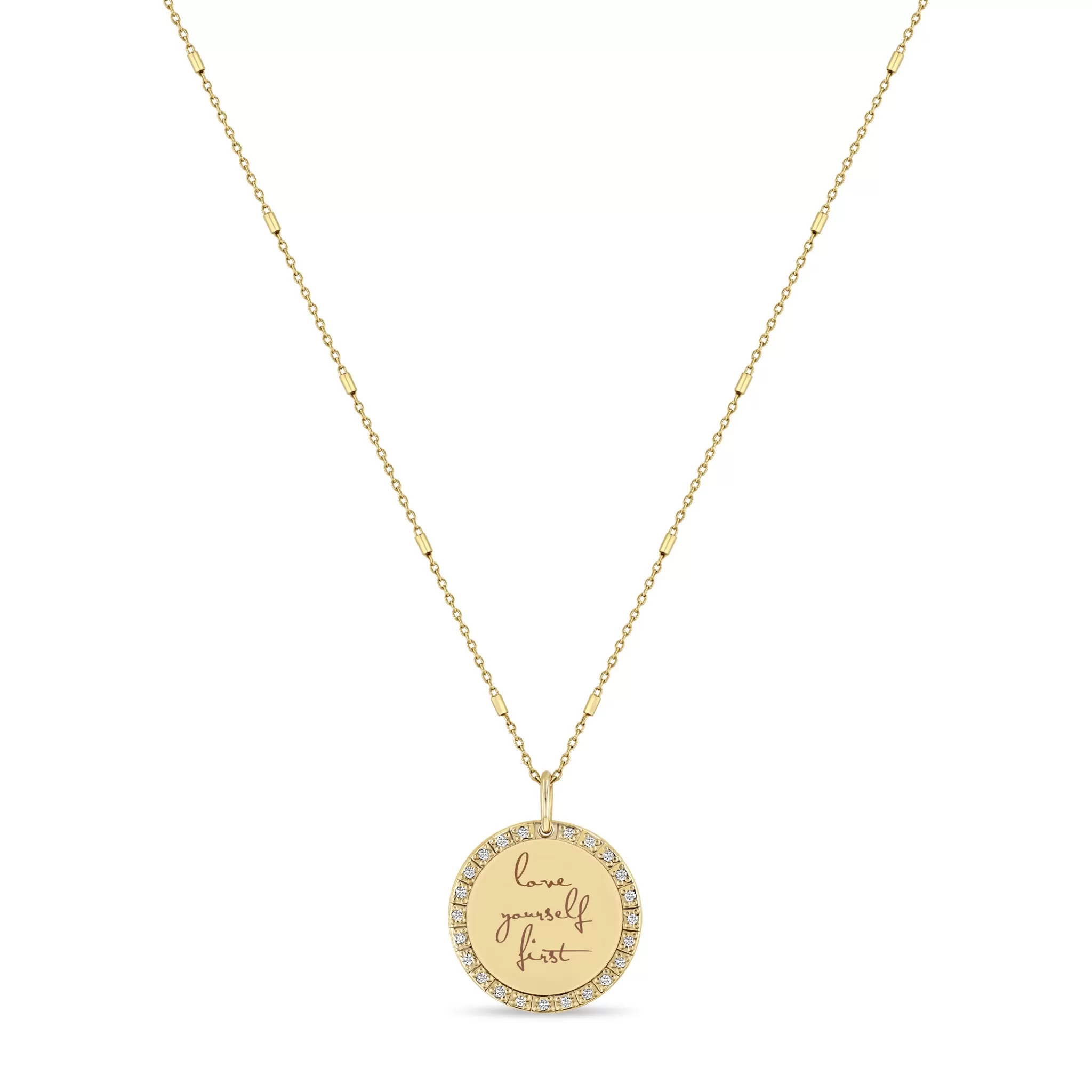 14k Small Mantra Diamond Border Necklace on Tiny Bar & Cable Chain