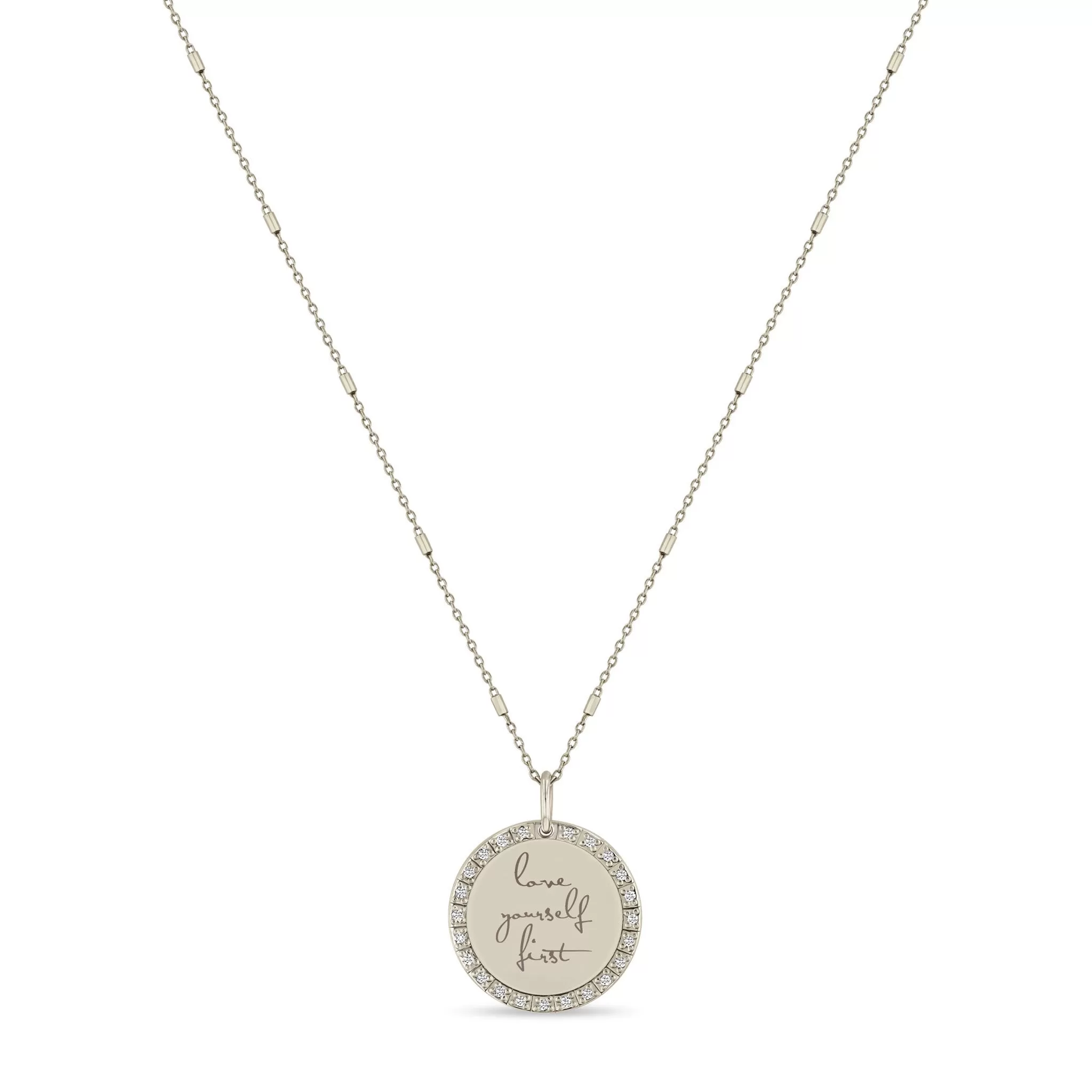 14k Small Mantra Diamond Border Necklace on Tiny Bar & Cable Chain