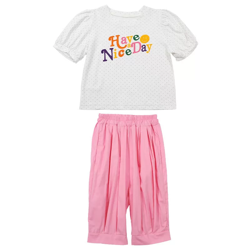 2 Pieces Set Baby Kid Girls Letters Polka dots Print T-Shirts And Solid Color Shorts