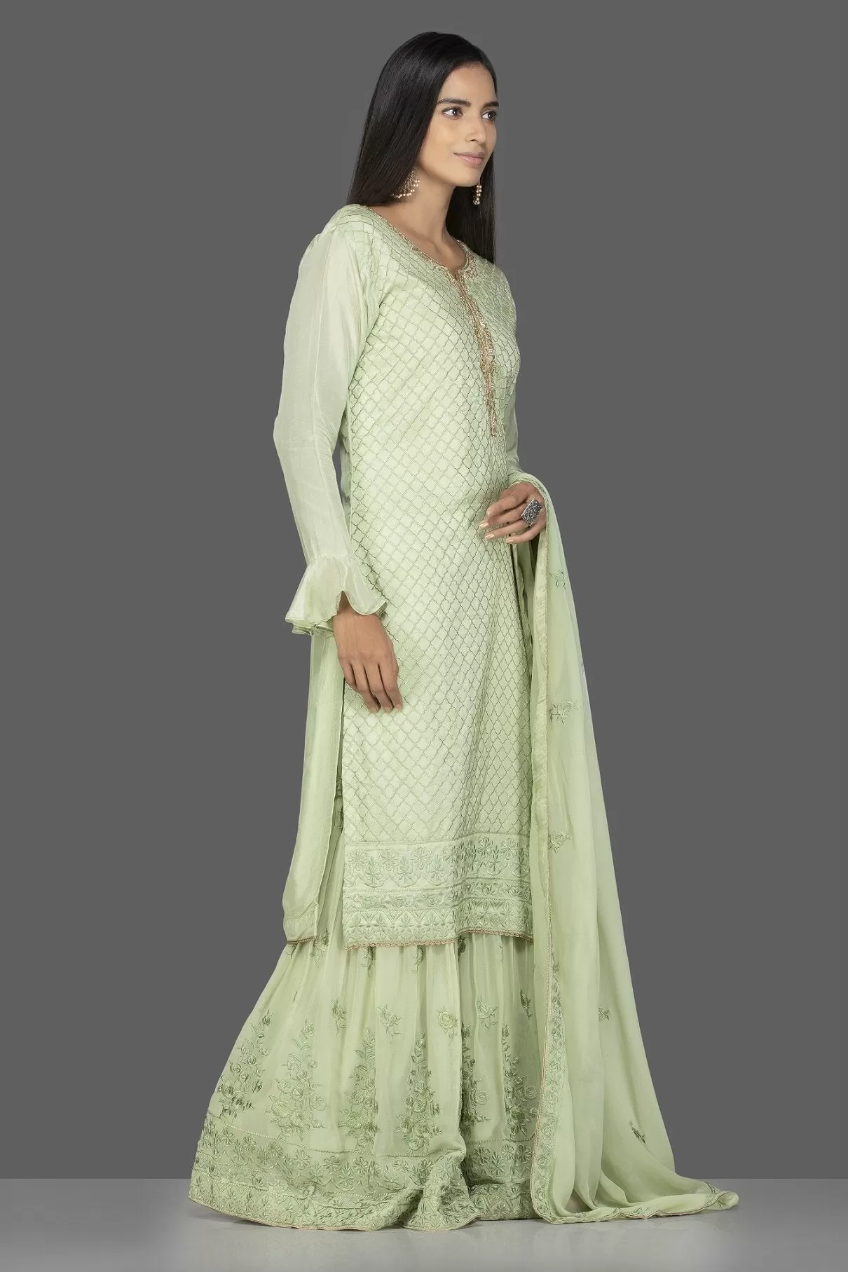 502434 Elegant Mint Green Embroidered Suit with Palazzo and Dupatta