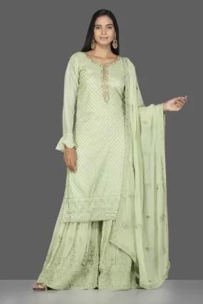 502434 Elegant Mint Green Embroidered Suit with Palazzo and Dupatta