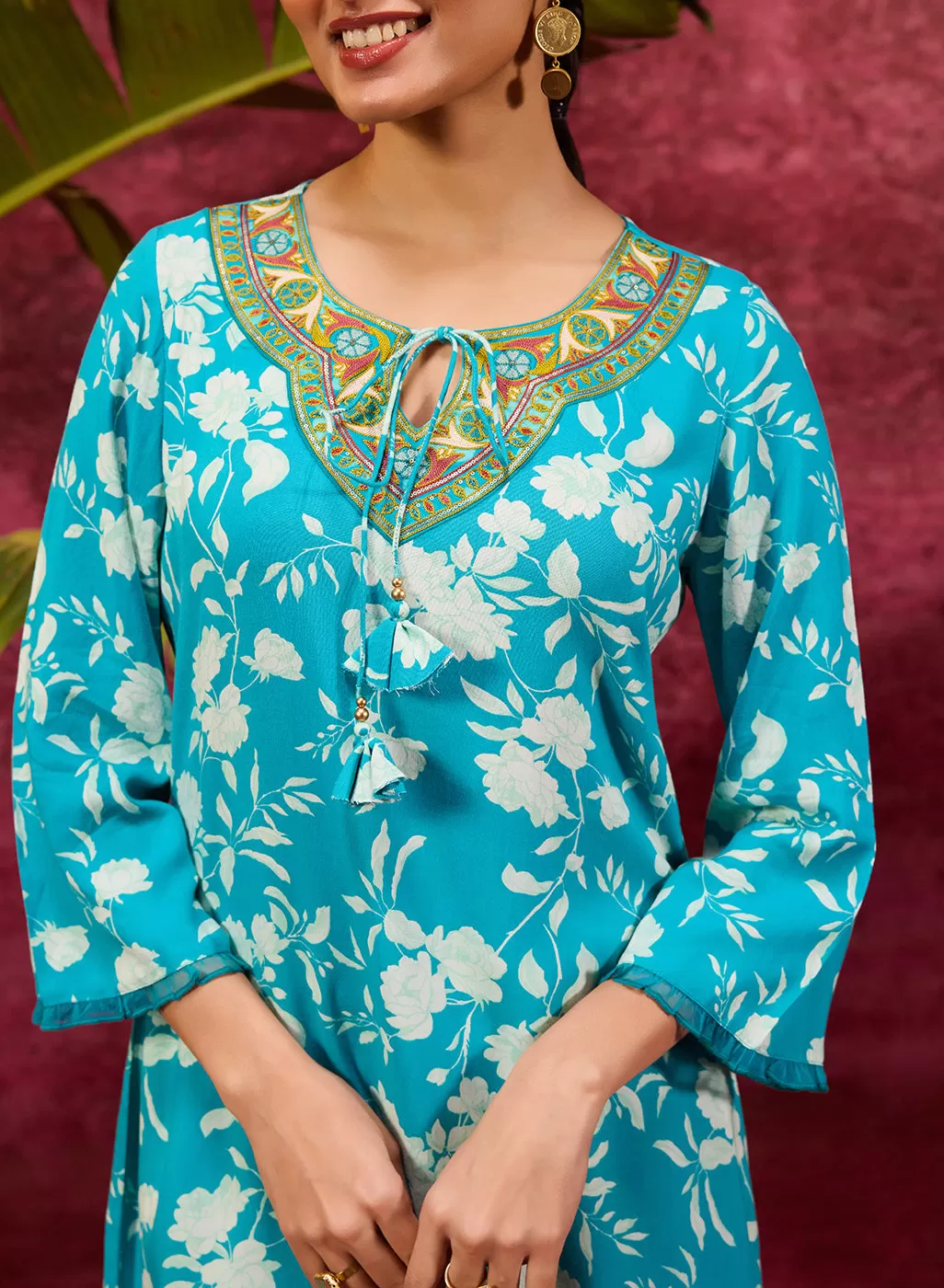 Aina Blue Printed Rayon Kurta Set for Women