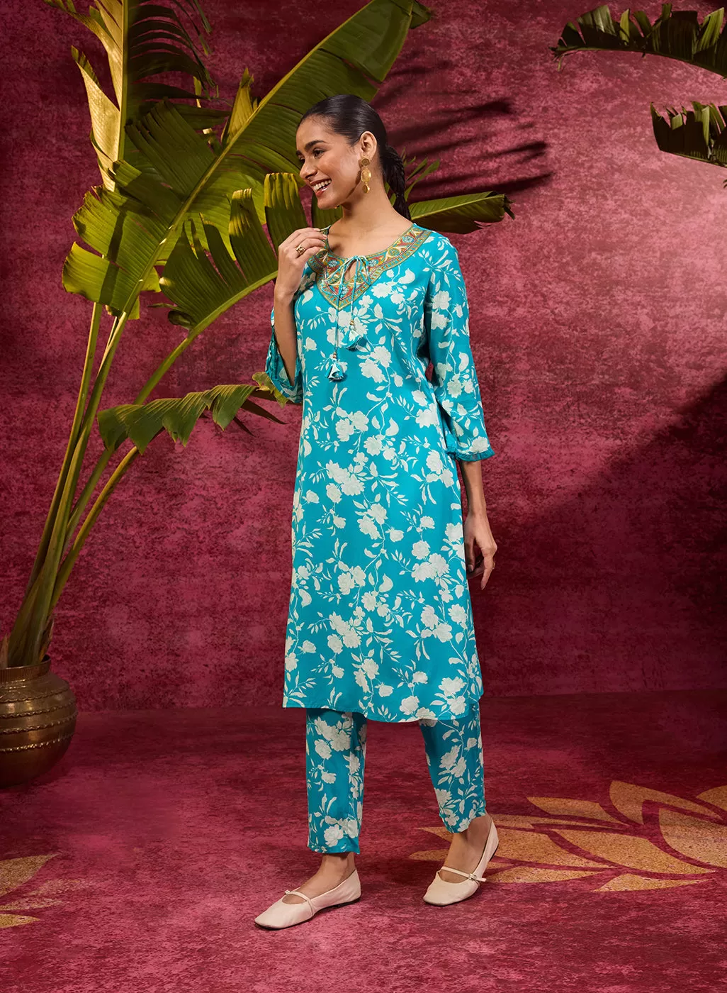 Aina Blue Printed Rayon Kurta Set for Women