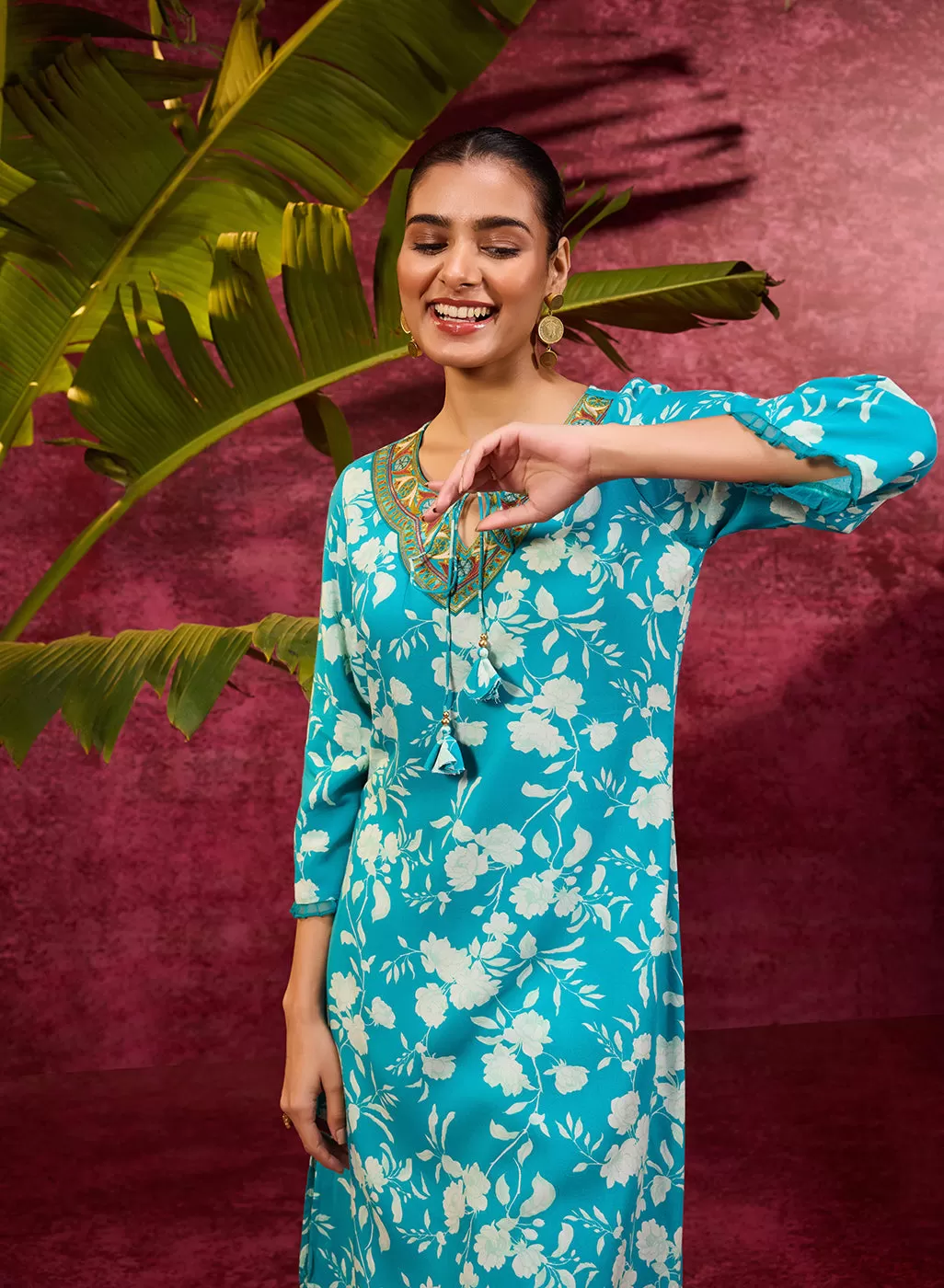 Aina Blue Printed Rayon Kurta Set for Women