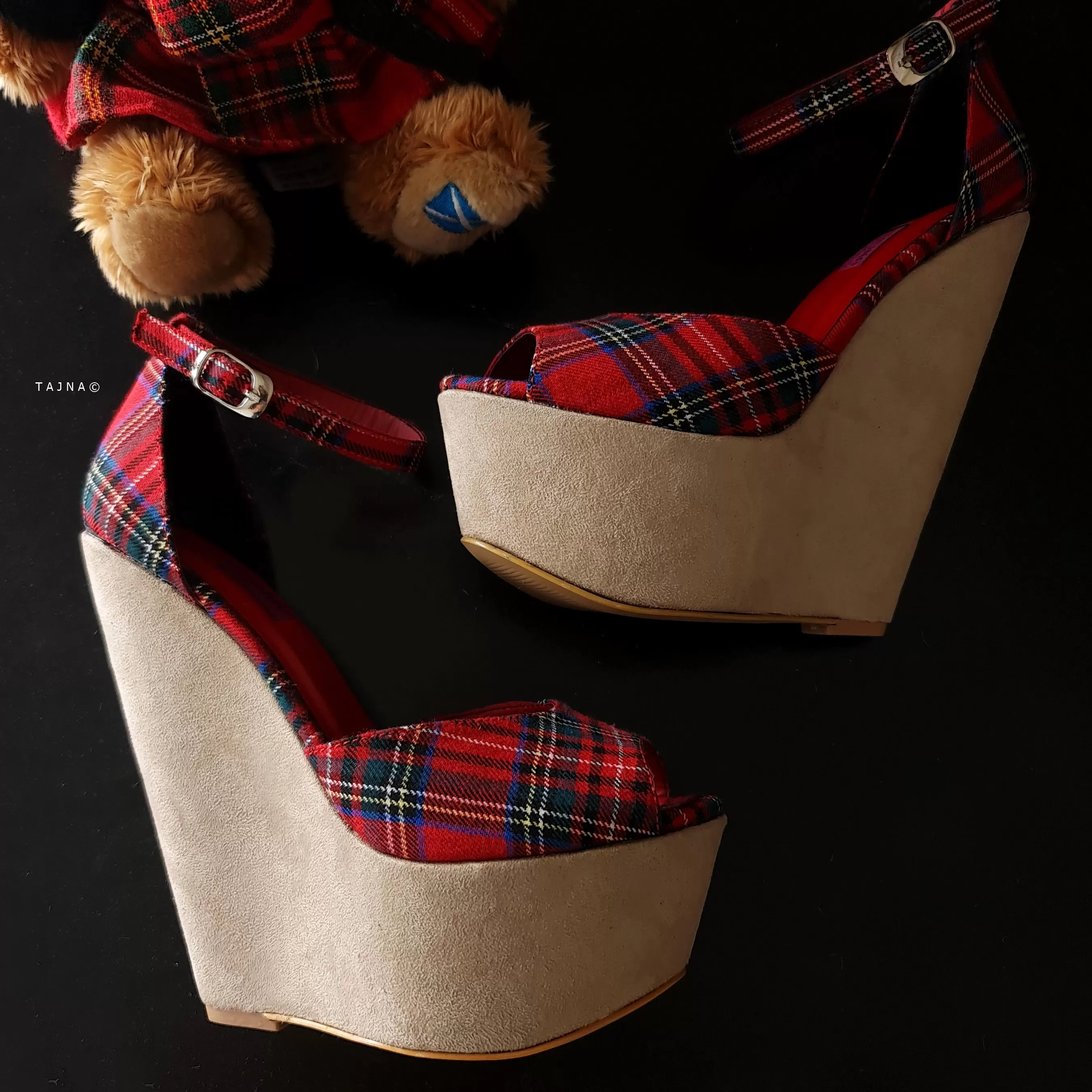 Beige Tartan Red Suede Ankle Strap Wedge Shoes