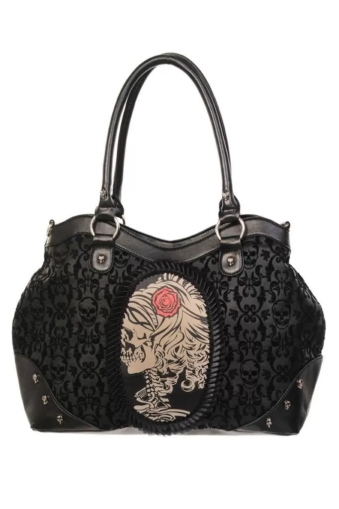 Black Flocked Cameo Lady Rose Skull Handbag