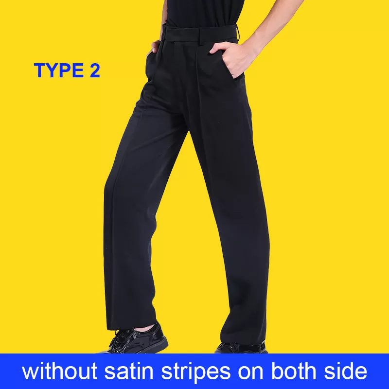 Black Latin or Ballroom Performance Trouser Pants for Boys Available with Stripe or Pockets B901