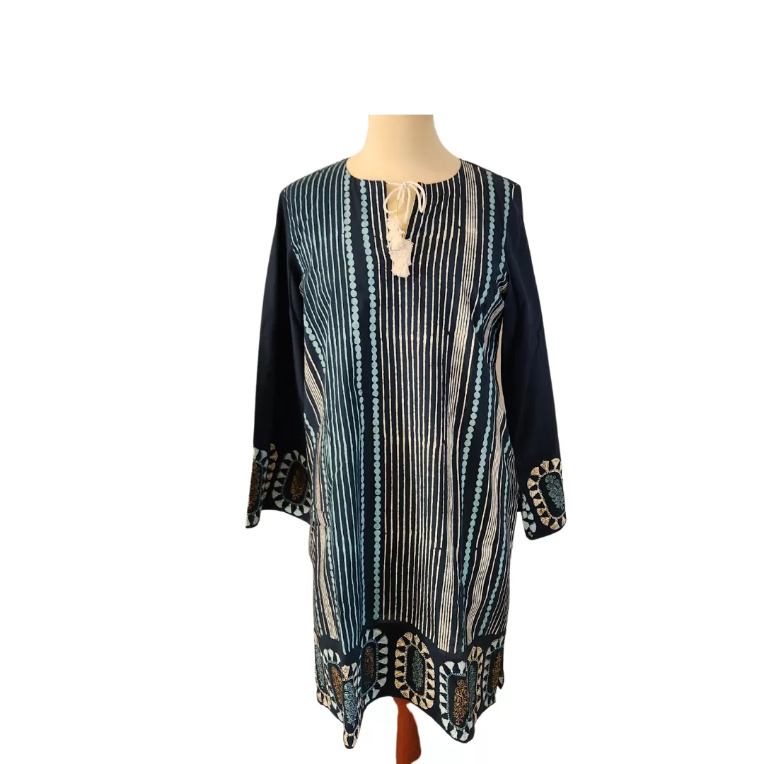 Blocked Blue and White Striped Front Tassel Kurta | Like New |