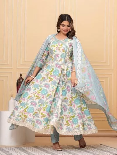 Blue Cotton Floral Anghrakha Style Anarkali Suit Set