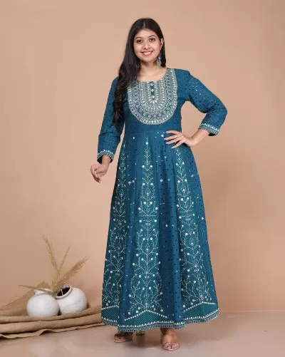 Blue Cotton Schiffli Embroidery & Mirror Work Anarkali Suit Set