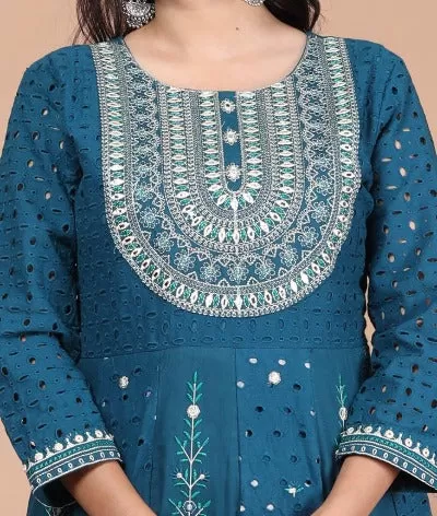 Blue Cotton Schiffli Embroidery & Mirror Work Anarkali Suit Set