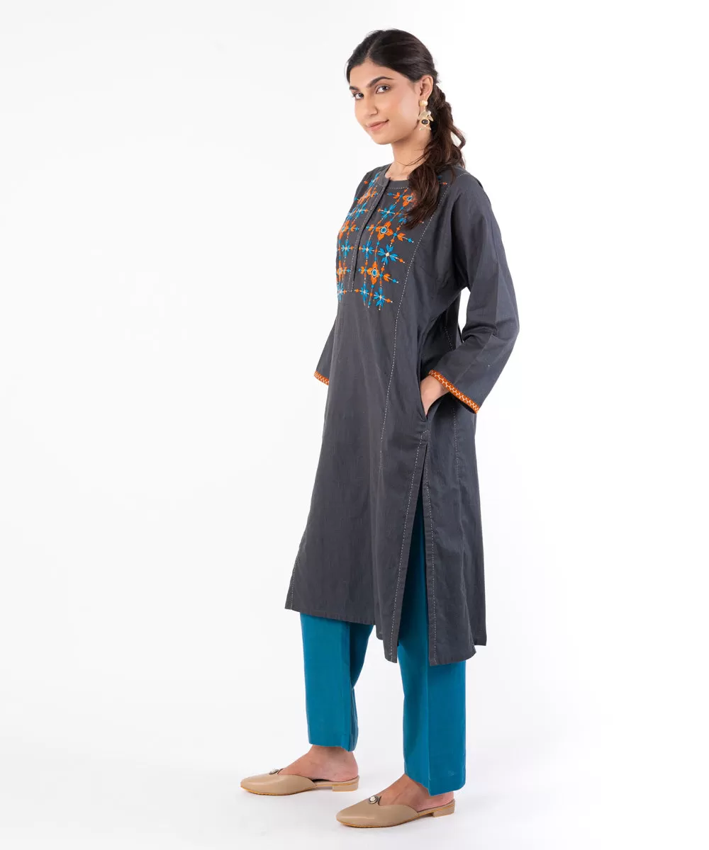 Charcoal hand embroidered cotton straight kurti