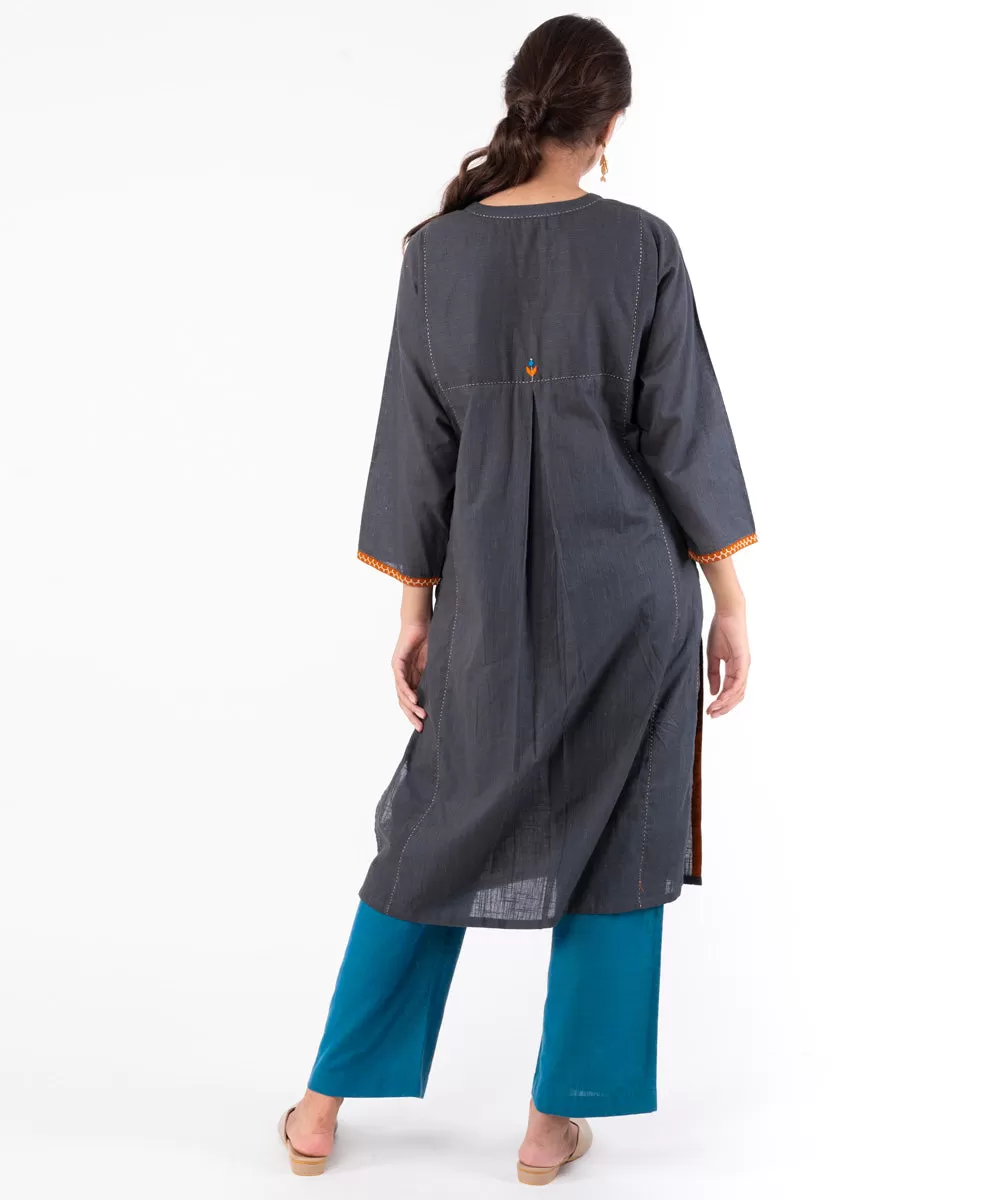 Charcoal hand embroidered cotton straight kurti