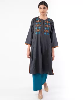 Charcoal hand embroidered cotton straight kurti