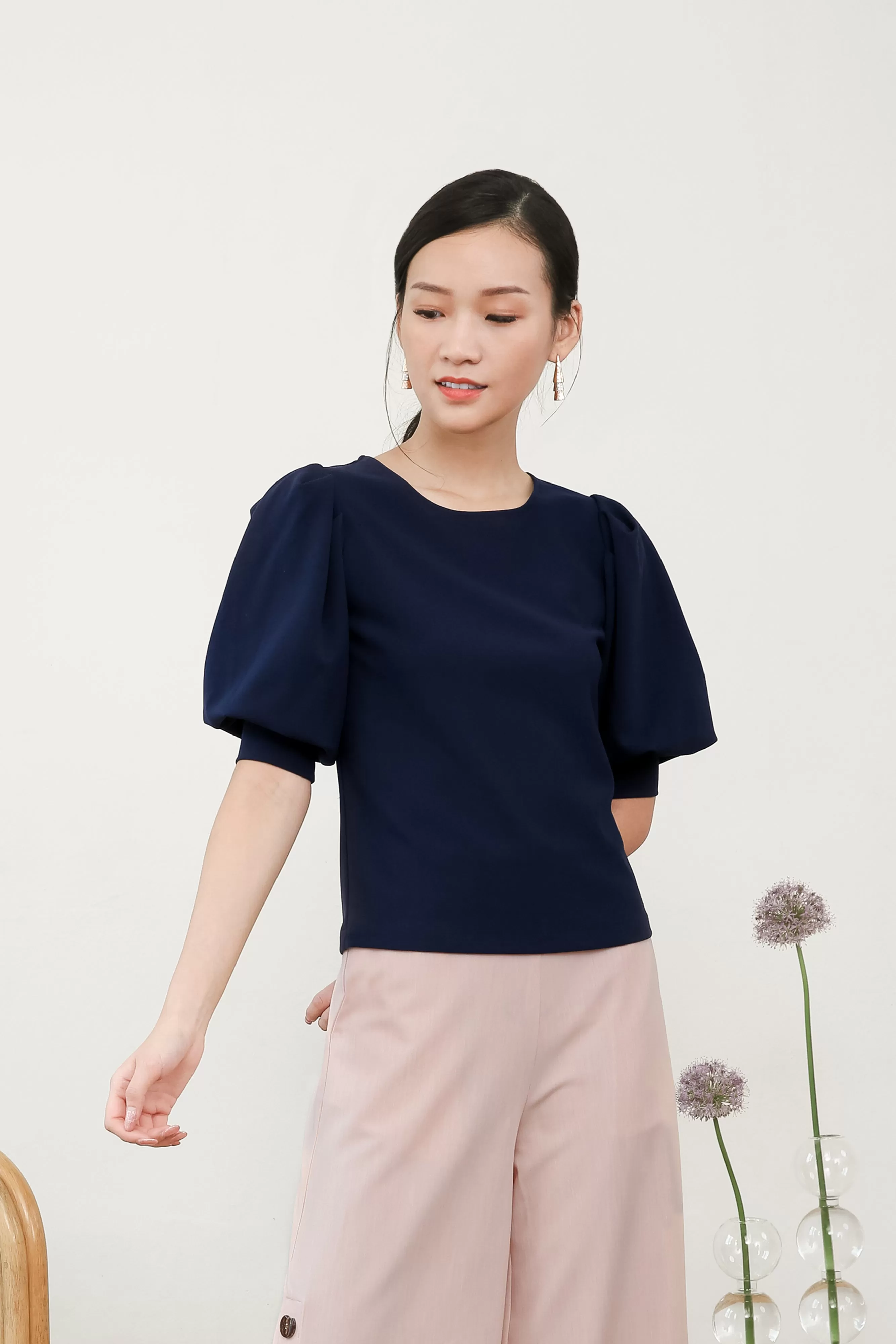 Clara Puff Sleeve Top in Navy Blue