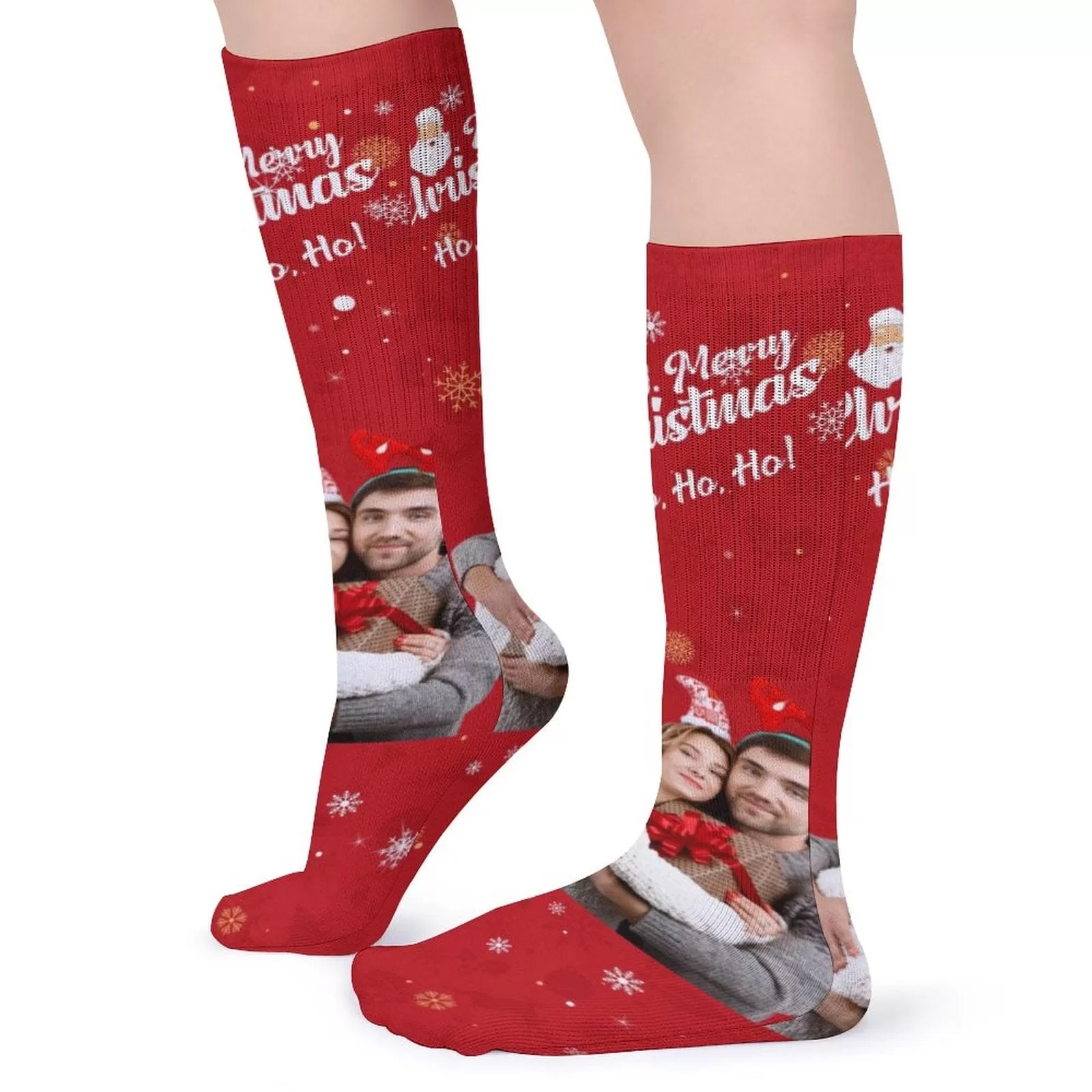 Custom Photo Couple Red Background Sublimated Crew Socks Personalized Funny Photo Socks Gift for Christmas