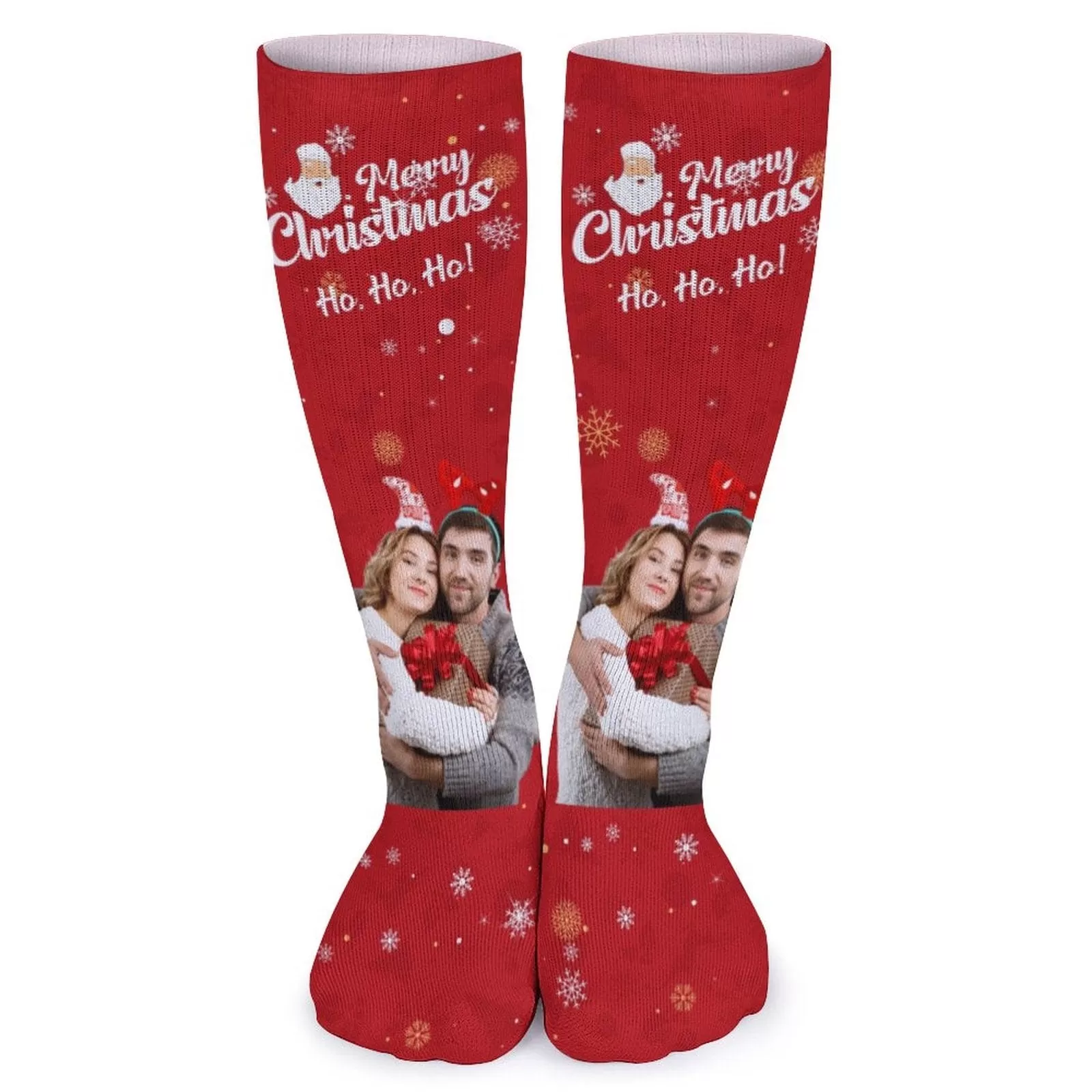 Custom Photo Couple Red Background Sublimated Crew Socks Personalized Funny Photo Socks Gift for Christmas