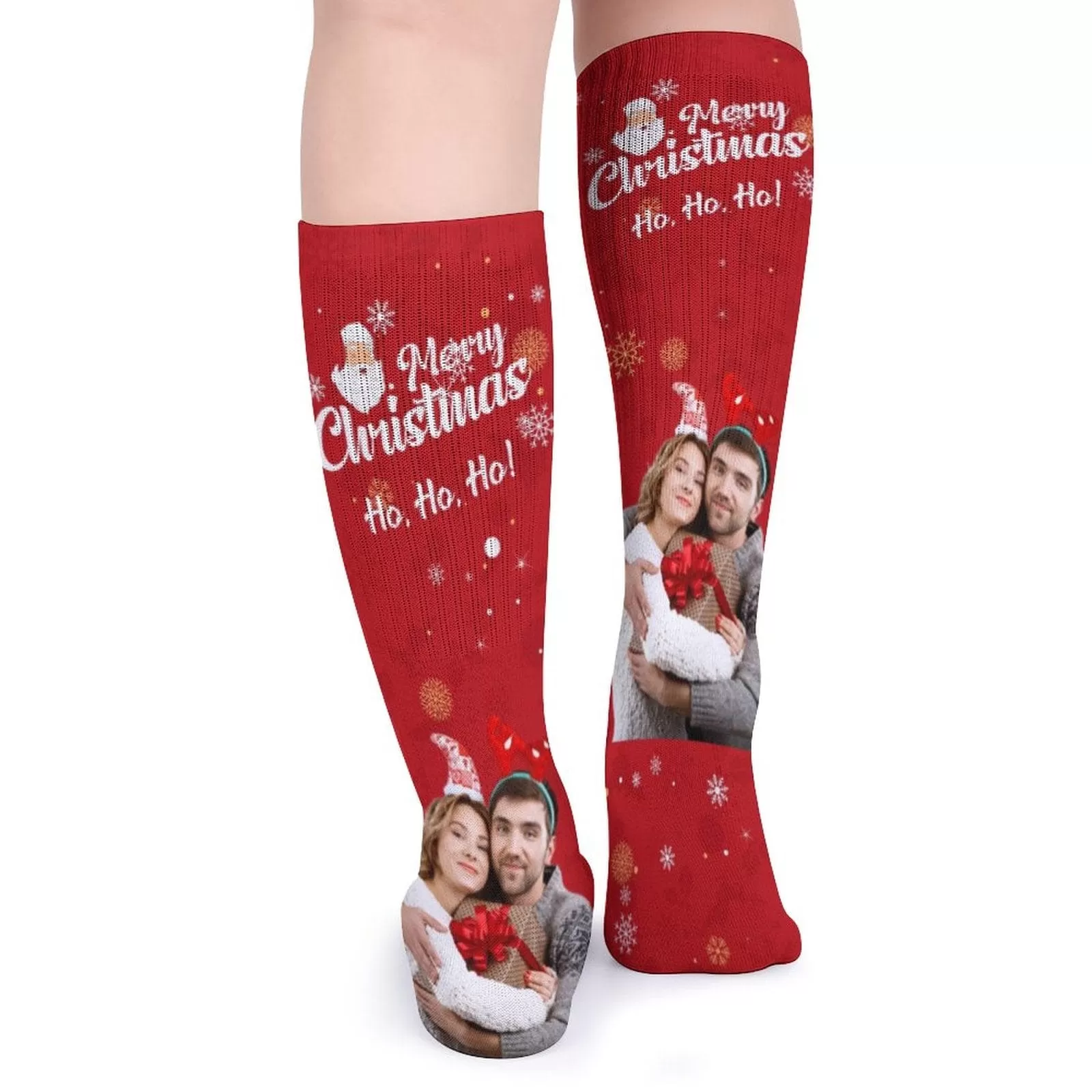 Custom Photo Couple Red Background Sublimated Crew Socks Personalized Funny Photo Socks Gift for Christmas