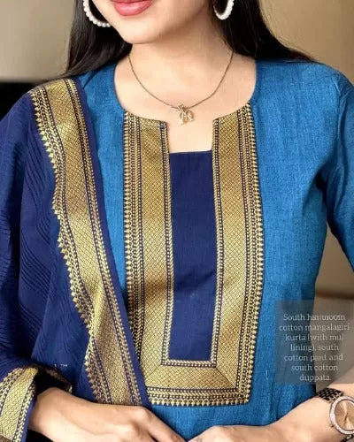 Dark Blue Butti South Handloom Cotton Salwar Suit Set