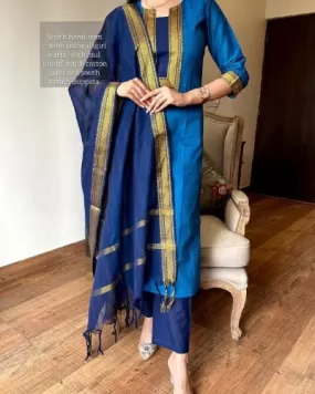 Dark Blue Butti South Handloom Cotton Salwar Suit Set