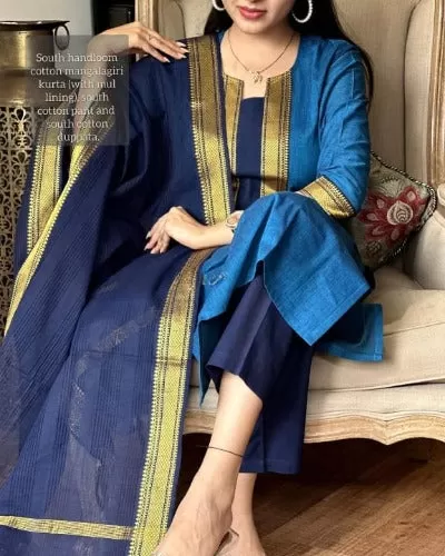 Dark Blue Butti South Handloom Cotton Salwar Suit Set