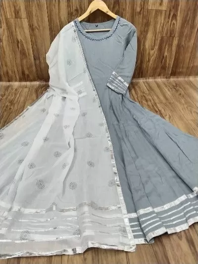 Grey Lace & Handwork Anarkali Gown With Dupatta