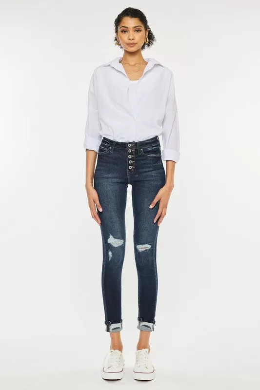 High Rise Button Down Cuffed Ankle Skinny Jeans