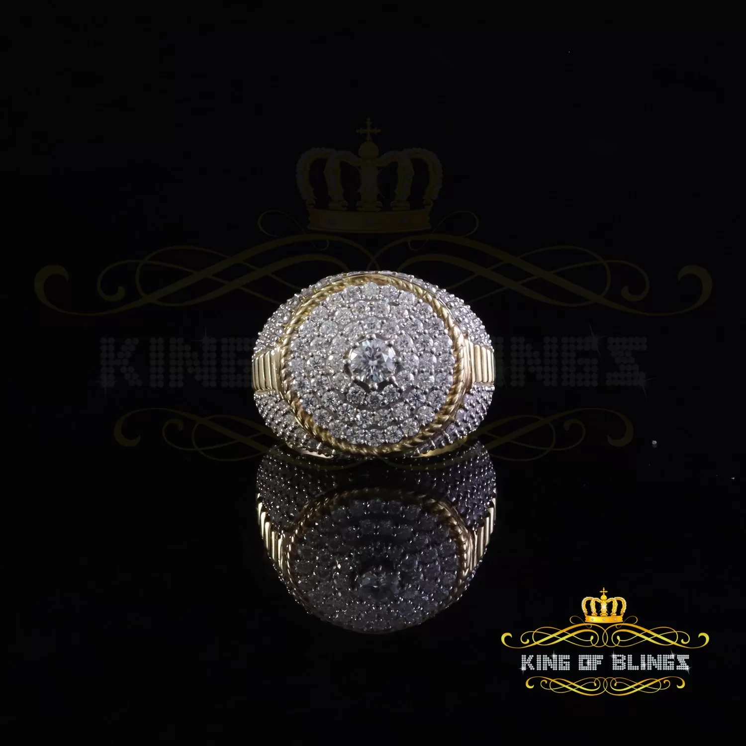 King of Bling's Yellow 925 Silver 6.00ct VVS 'D' Moissanite Stone Round Rings Size 10 Men's