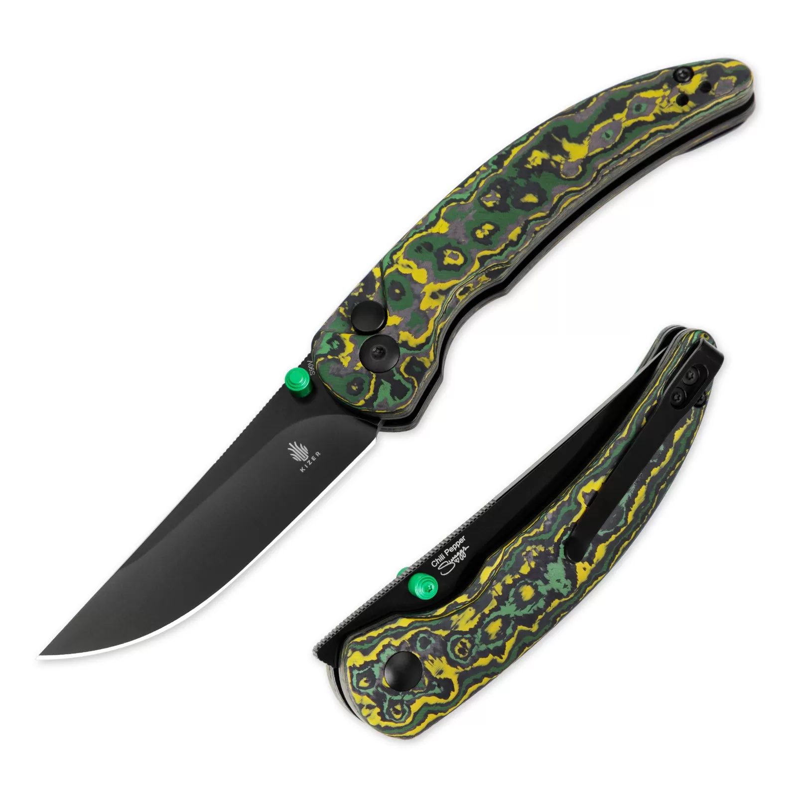 Kizer Chili Pepper S90V Blade Button Lock Fatcarbon Handle Ki3601A1 (3.03  Black)