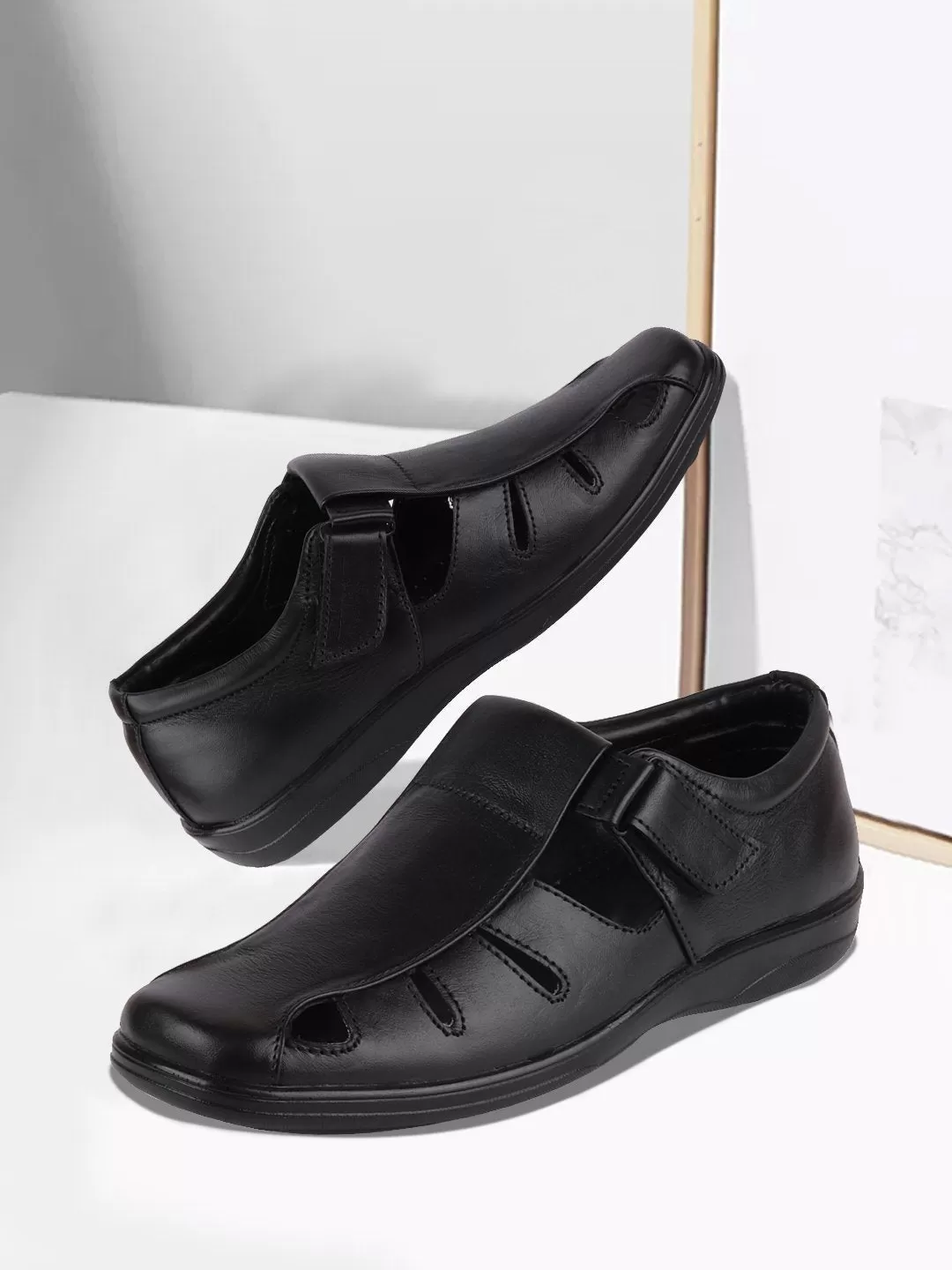 Men Black Formal Leather Hook & Loop Flat Sandals