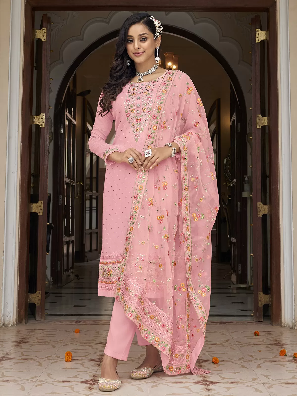 Odette Women Pink Floral Embroidered Georgette Semi Stitched Straight Salwar Suit