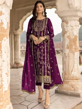 Odette Women Purple Embroidered Georgette Semi Stitched Salwar Suit