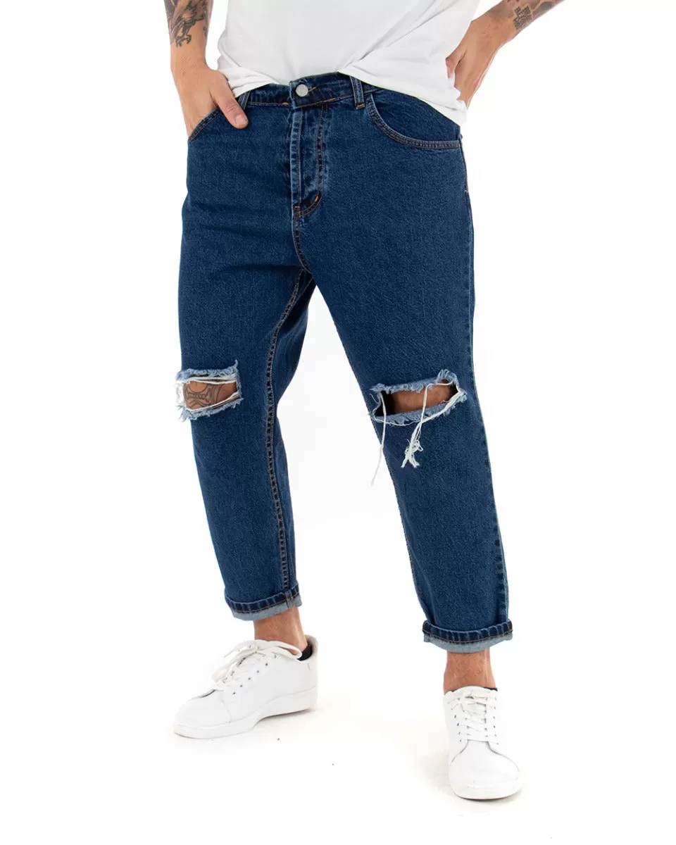 Pantaloni Jeans Uomo Loose Fit Denim Scuro Con Taglio Al Ginocchio Cinque Tasche GIOSAL-P4084A