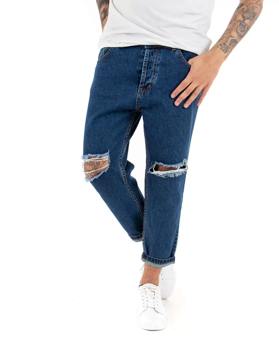 Pantaloni Jeans Uomo Loose Fit Denim Scuro Con Taglio Al Ginocchio Cinque Tasche GIOSAL-P4084A