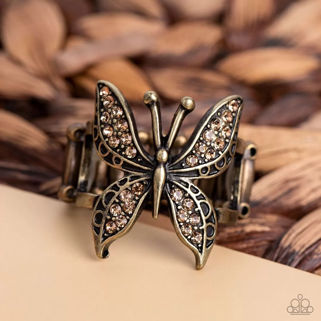 Paparazzi Blinged Out Butterfly - Brass with Topaz Rhinestone Ring