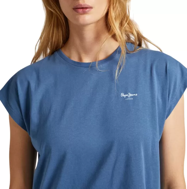 Pepe Jeans women's short sleeve t-shirt with Lory printed logo PL505853 553 blue