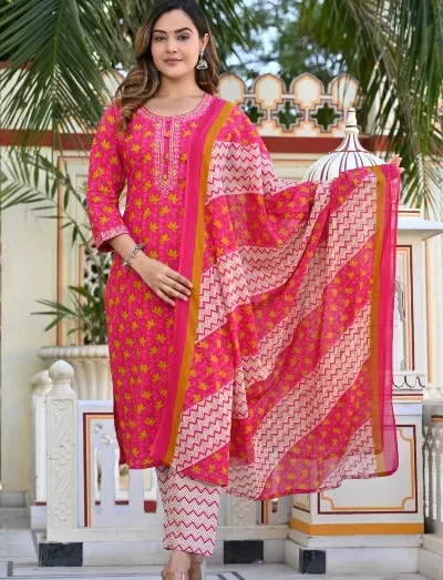 Pink Cotton Printed Embroidered Salwar Suit Set