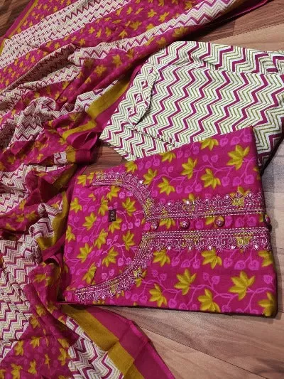 Pink Cotton Printed Embroidered Salwar Suit Set