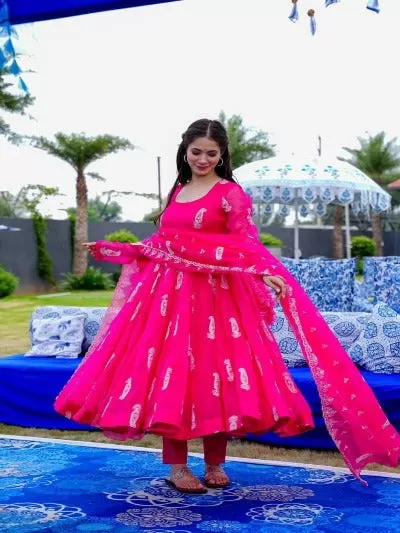 Pink Georgette Anarkali Gown Kurti with Dupatta Set