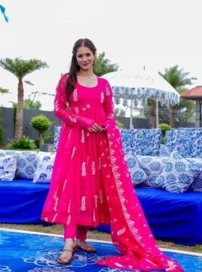 Pink Georgette Anarkali Gown Kurti with Dupatta Set