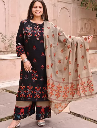 Plus Size Black Beige Readymade Salwar Suit Dupatta