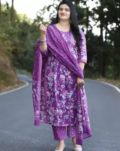 Purple Cotton Hand Block Print Salwar Suit Set