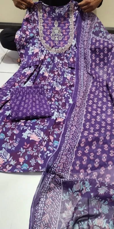 Purple Cotton Hand Block Print Salwar Suit Set