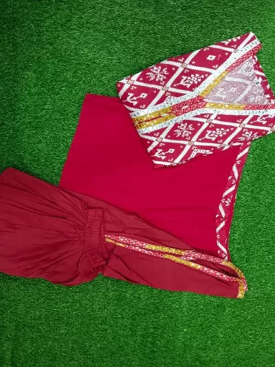 Red Cotton Embellished Anarkali Dhoti Suit Set