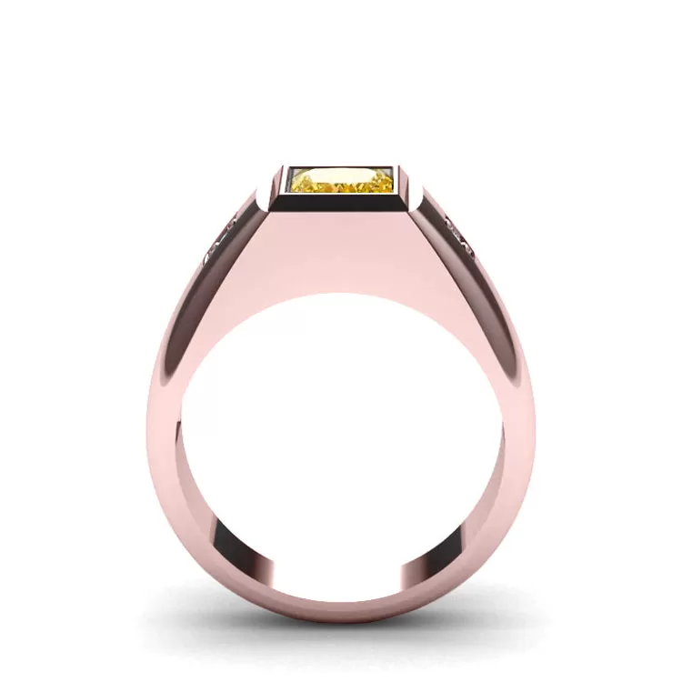 Thick Band 2.40ct Princess Cut Citrine Male Ring 10k Rose Gold with 2 Diamonds Birthday Gift for Father