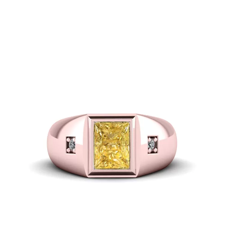 Thick Band 2.40ct Princess Cut Citrine Male Ring 10k Rose Gold with 2 Diamonds Birthday Gift for Father