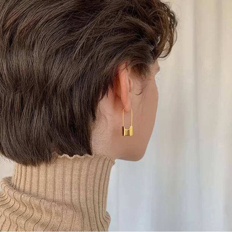 Trendy Golden Lock Style Drop Earrings