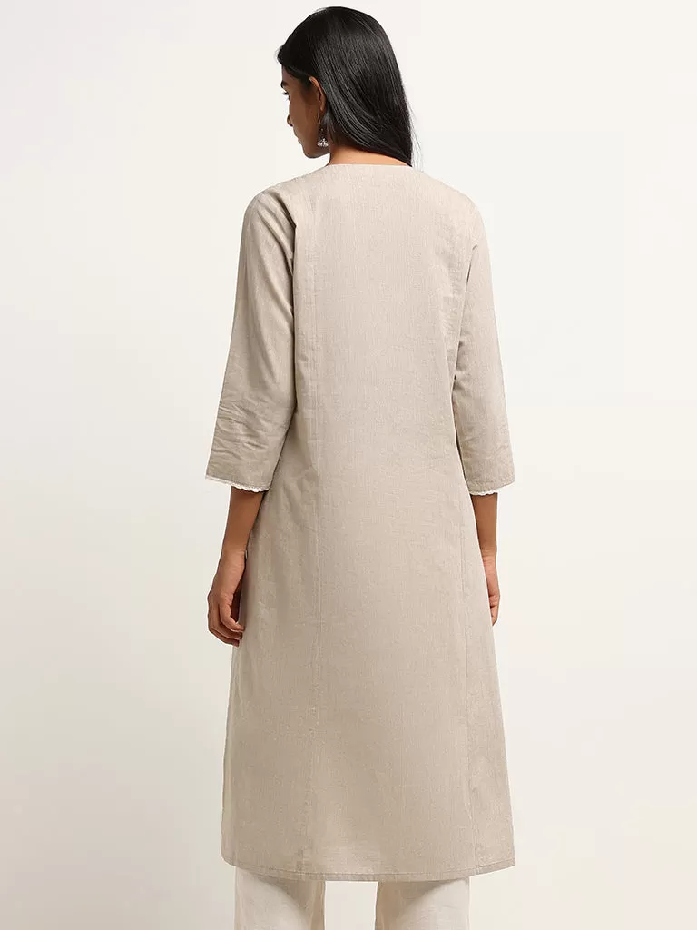 Utsa Beige Mirror Embroidered Cotton Kurta