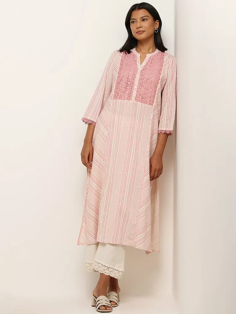 Utsa Pink Stripe Printed Cotton Blend A-Line Kurta